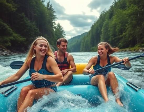 friends on connecticut travel adventure, laughing expression, river rafting, photorealistic, navigating through rapids with lush forests on either side, highly detailed, water splashes, 6k resolution, cool blues, dynamic cloudy sky lighting, shot with an action camera lens.